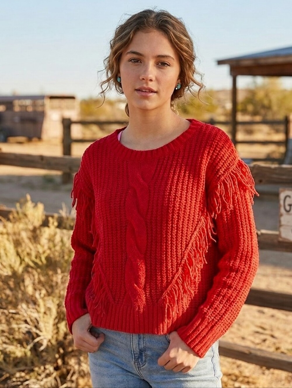 Fringe Cable Knit Sweater - Red